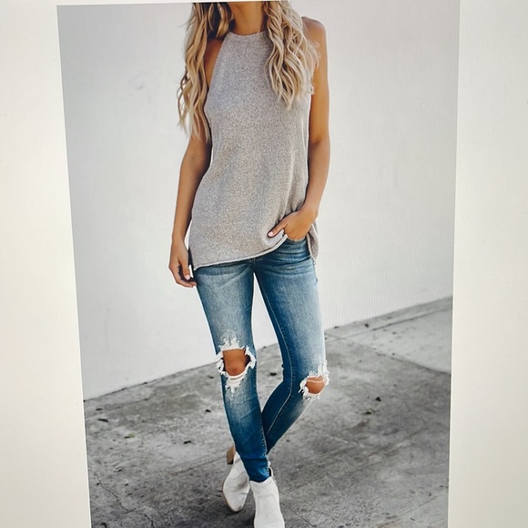 🍀Gray High Neck Stretch Knit Tank Top Plus Size 2XL🍀 - Picture 6 of 8